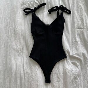 Petal & Pup Black Ribbed Bodysuit with Tie Straps